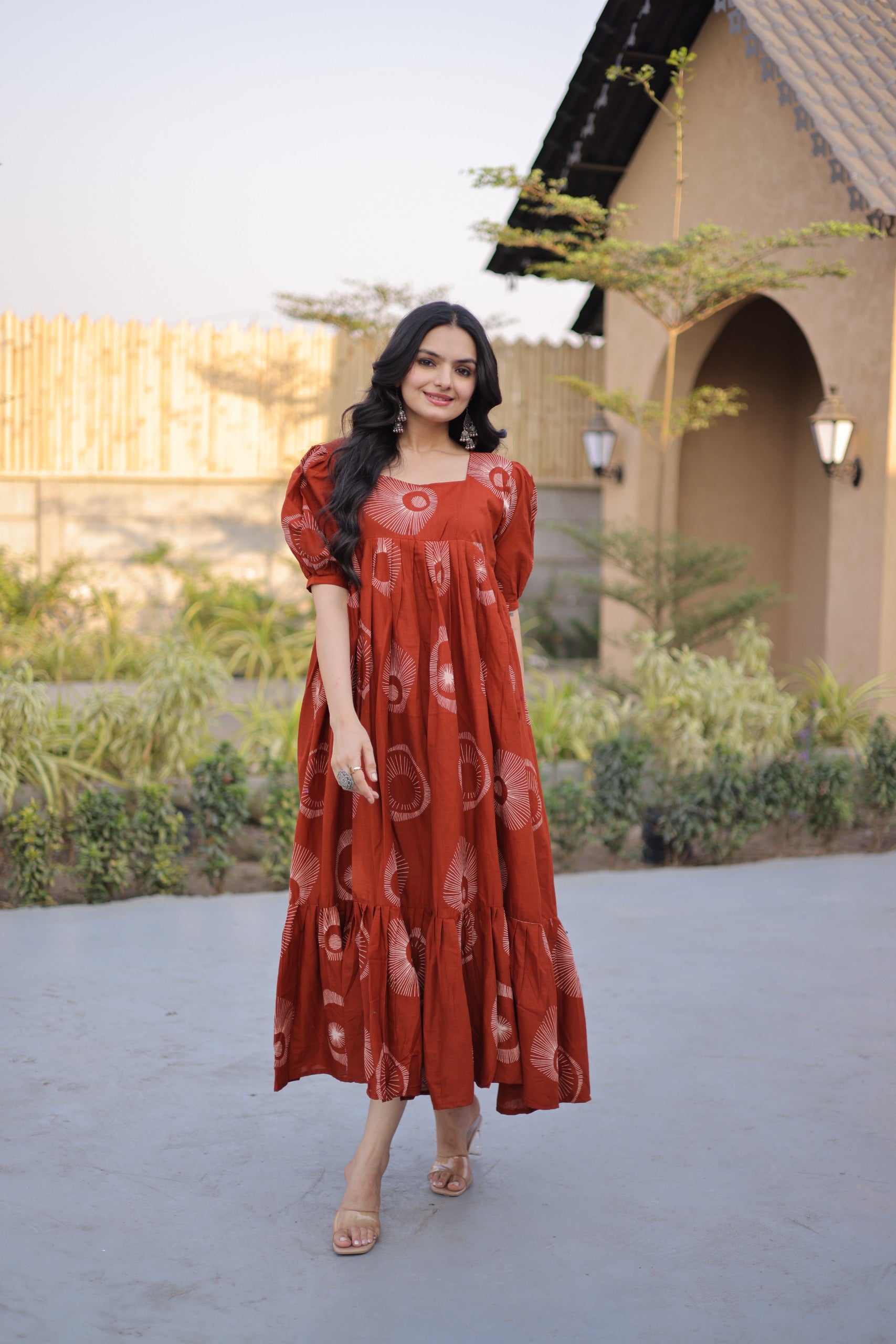 Women’s Printed Puff Sleeve Flared Midi Dress.