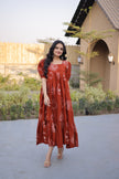 Women’s Printed Puff Sleeve Flared Midi Dress.