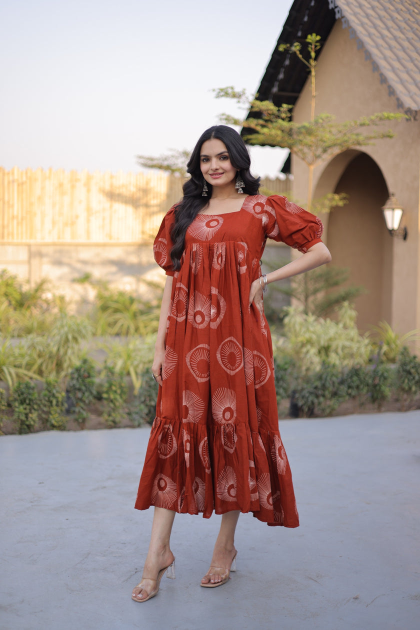 Women’s Printed Puff Sleeve Flared Midi Dress.