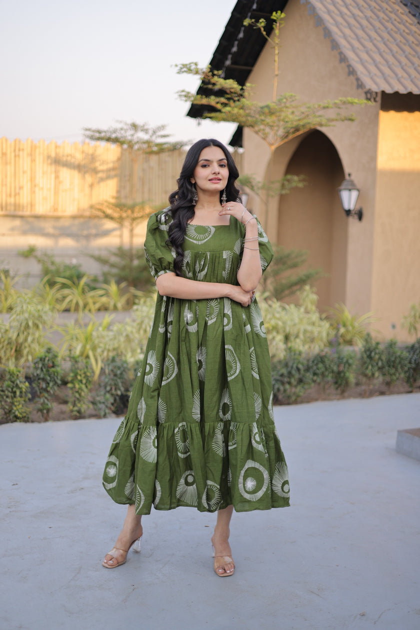 Women’s Printed Puff Sleeve Flared Midi Dress.