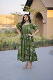 Women’s Printed Puff Sleeve Flared Midi Dress.