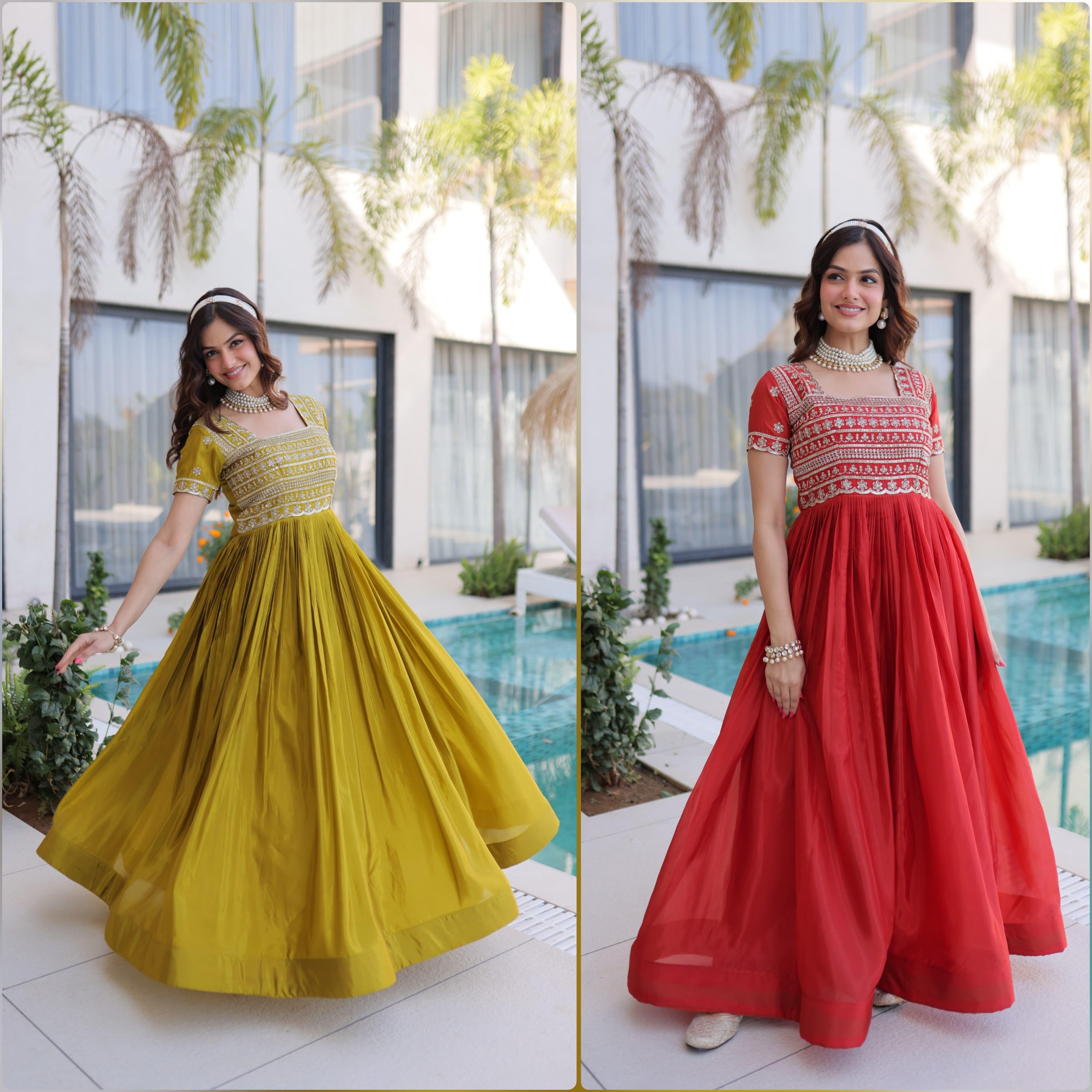 Traditional Embroidered Flared Gown Dress.