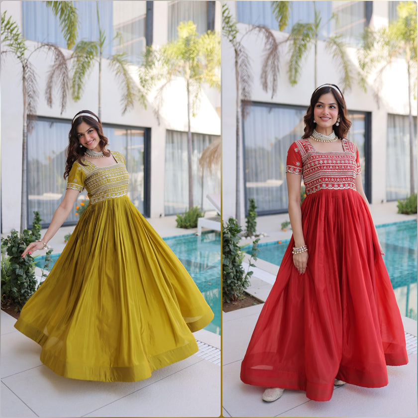 Traditional Embroidered Flared Gown Dress.