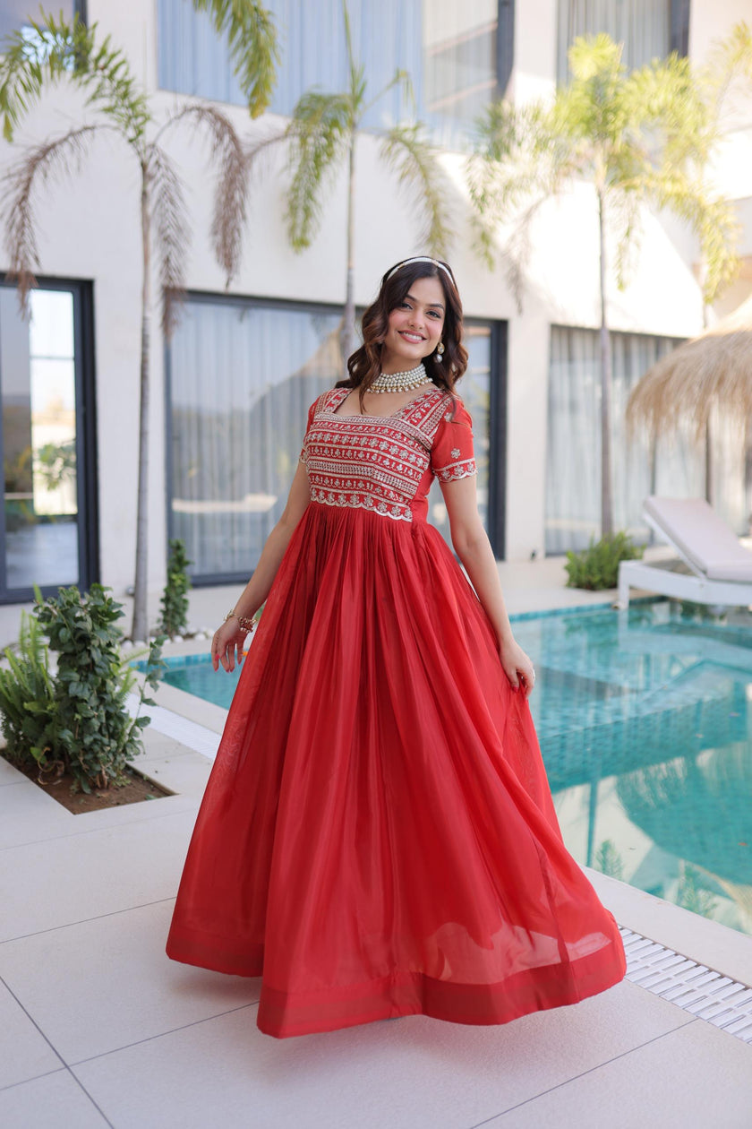 Traditional Embroidered Flared Gown Dress.