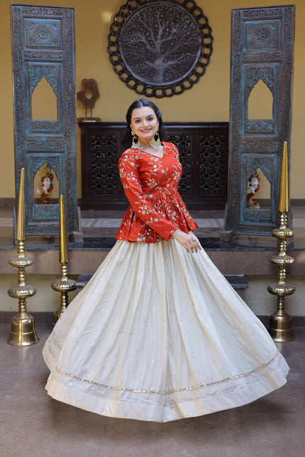 Women’s Festive Embroidered Top & Flared Lehenga Set.