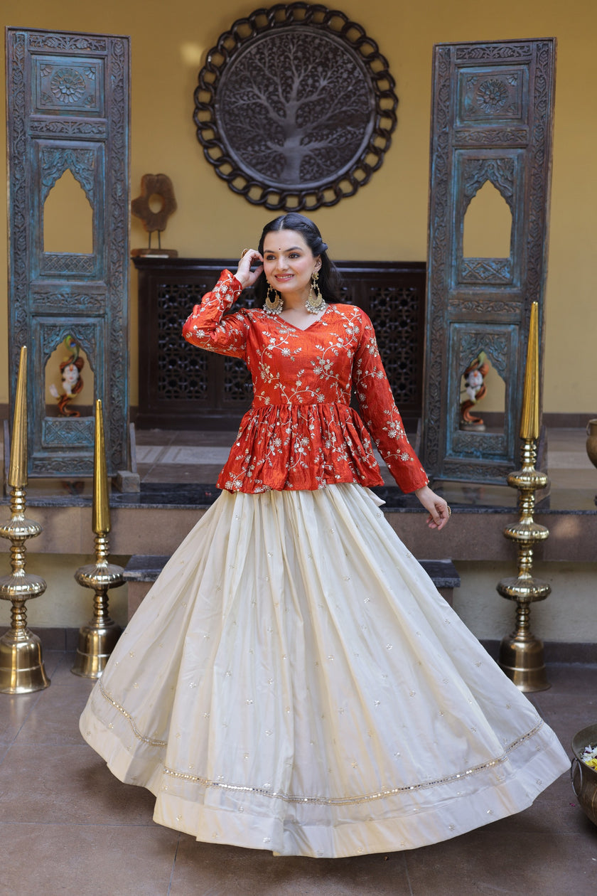 Women’s Festive Embroidered Top & Flared Lehenga Set.