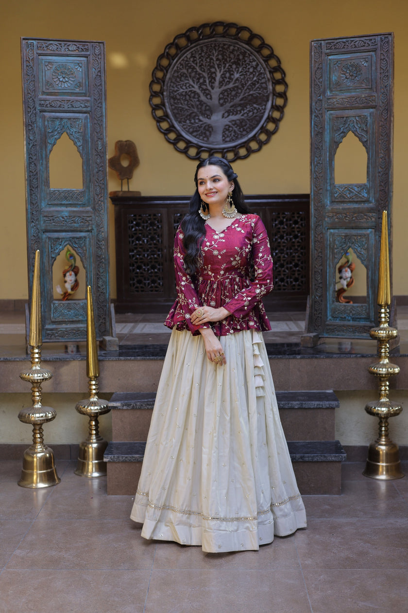Women’s Festive Embroidered Top & Flared Lehenga Set.
