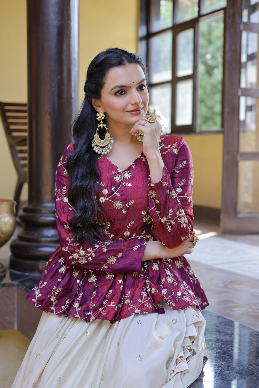 Women’s Festive Embroidered Top & Flared Lehenga Set.