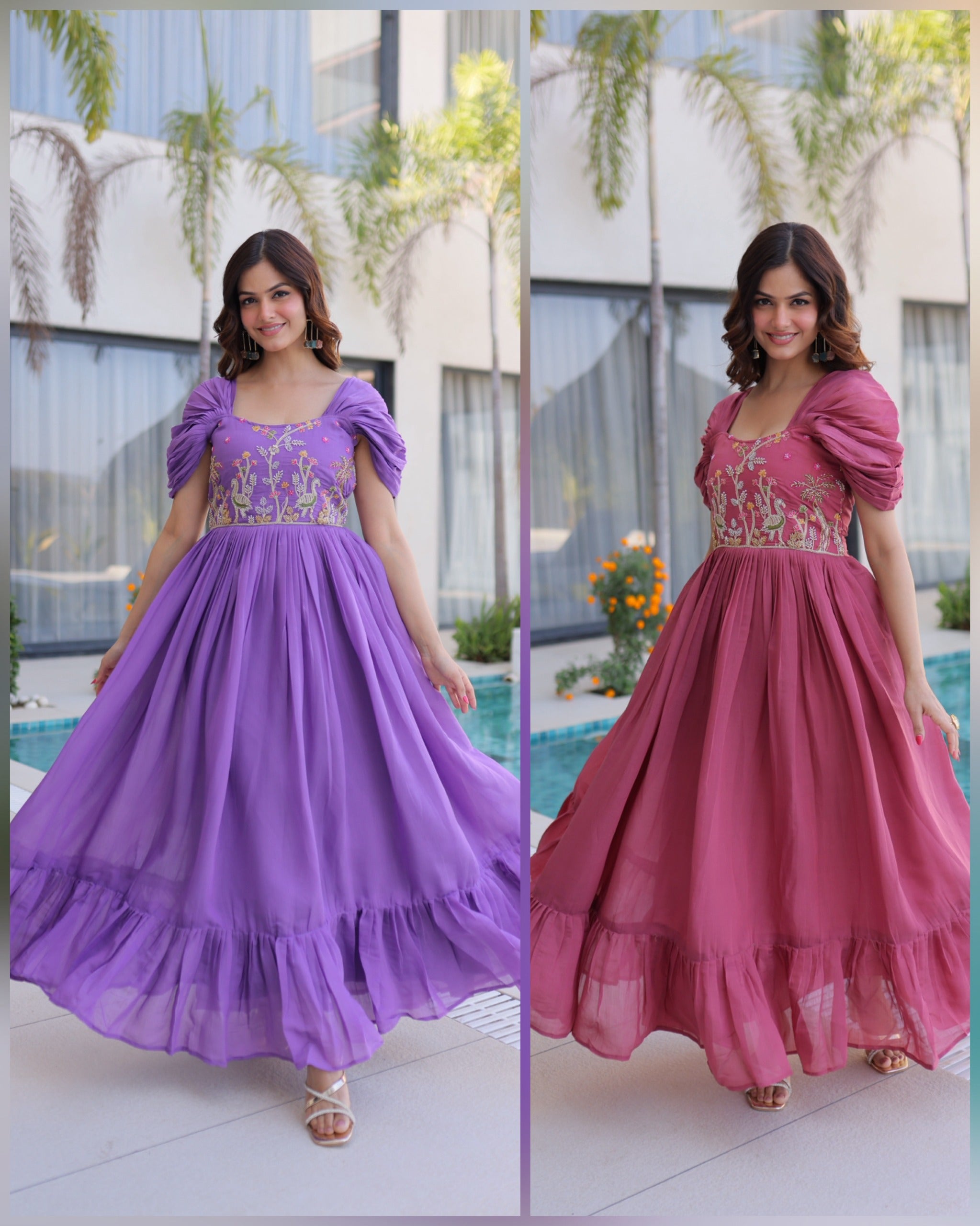 Women’s Designer Party Wear Maxi Dress with Puff Sleeves.