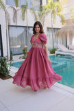 Women’s Designer Party Wear Maxi Dress with Puff Sleeves.