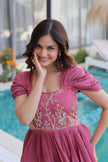 Women’s Designer Party Wear Maxi Dress with Puff Sleeves.