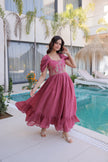Women’s Designer Party Wear Maxi Dress with Puff Sleeves.