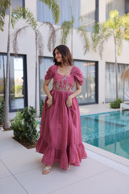 Women’s Designer Party Wear Maxi Dress with Puff Sleeves.