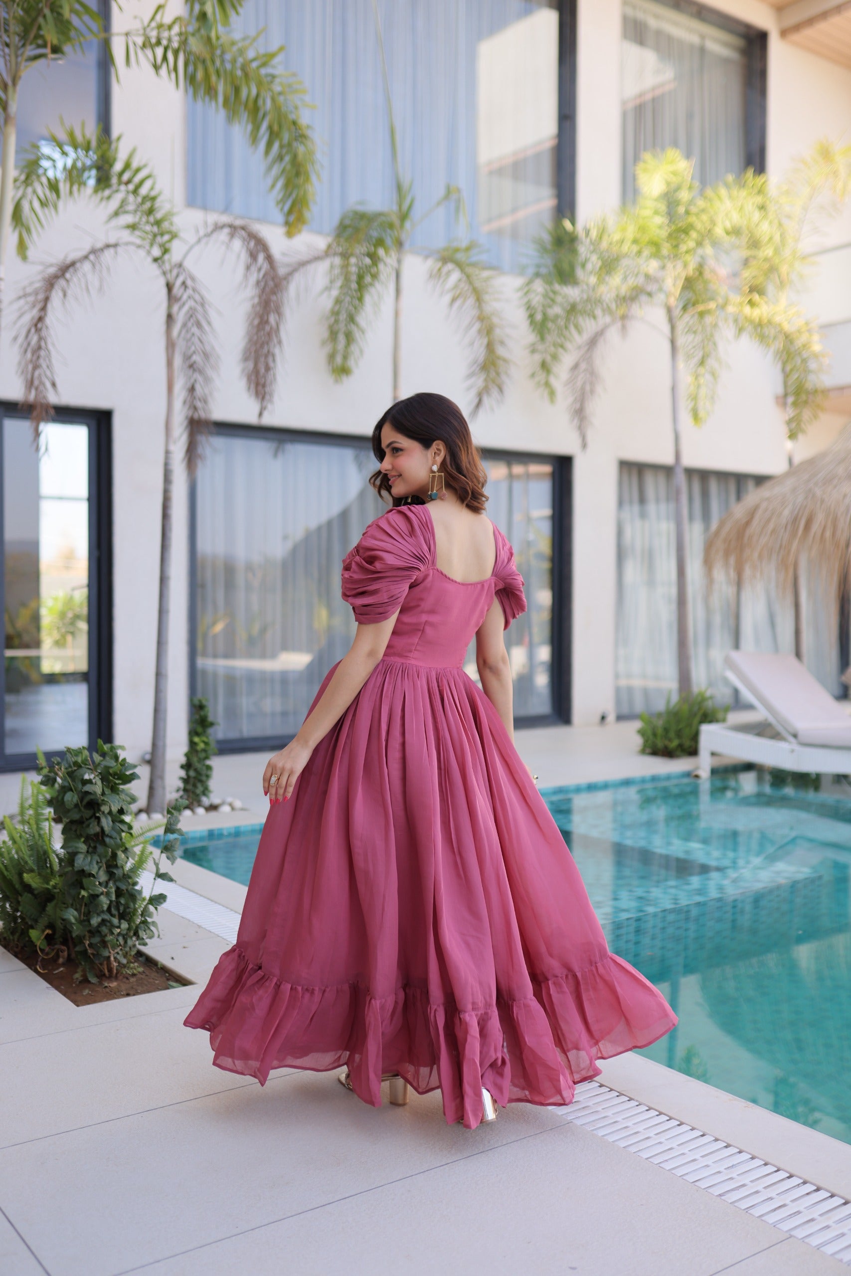 Women’s Designer Party Wear Maxi Dress with Puff Sleeves.