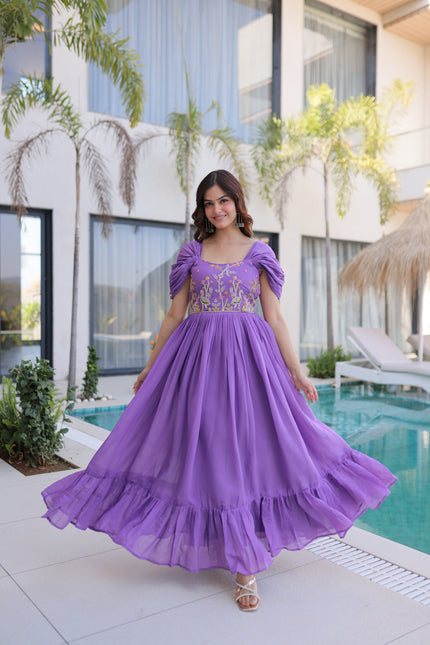 Women’s Designer Party Wear Maxi Dress with Puff Sleeves.