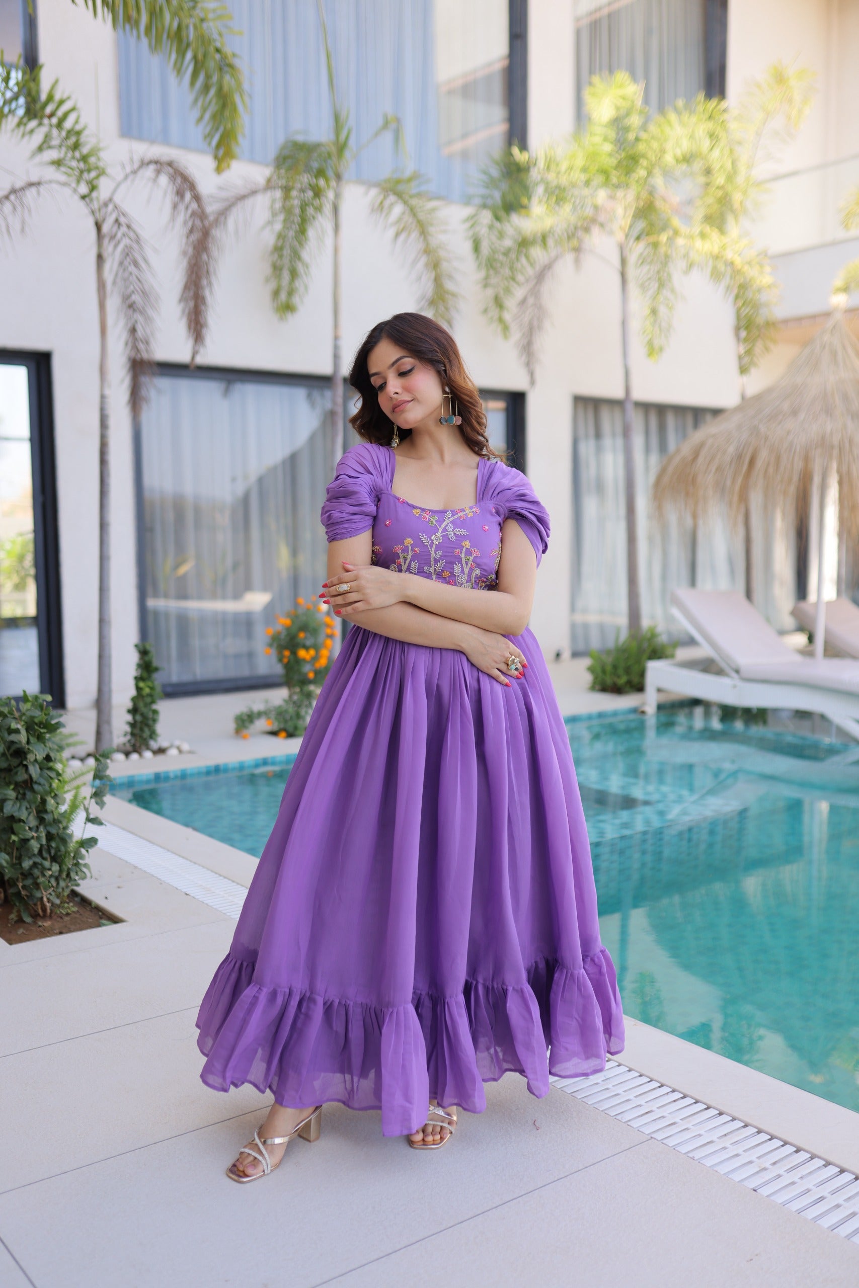 Women’s Designer Party Wear Maxi Dress with Puff Sleeves.