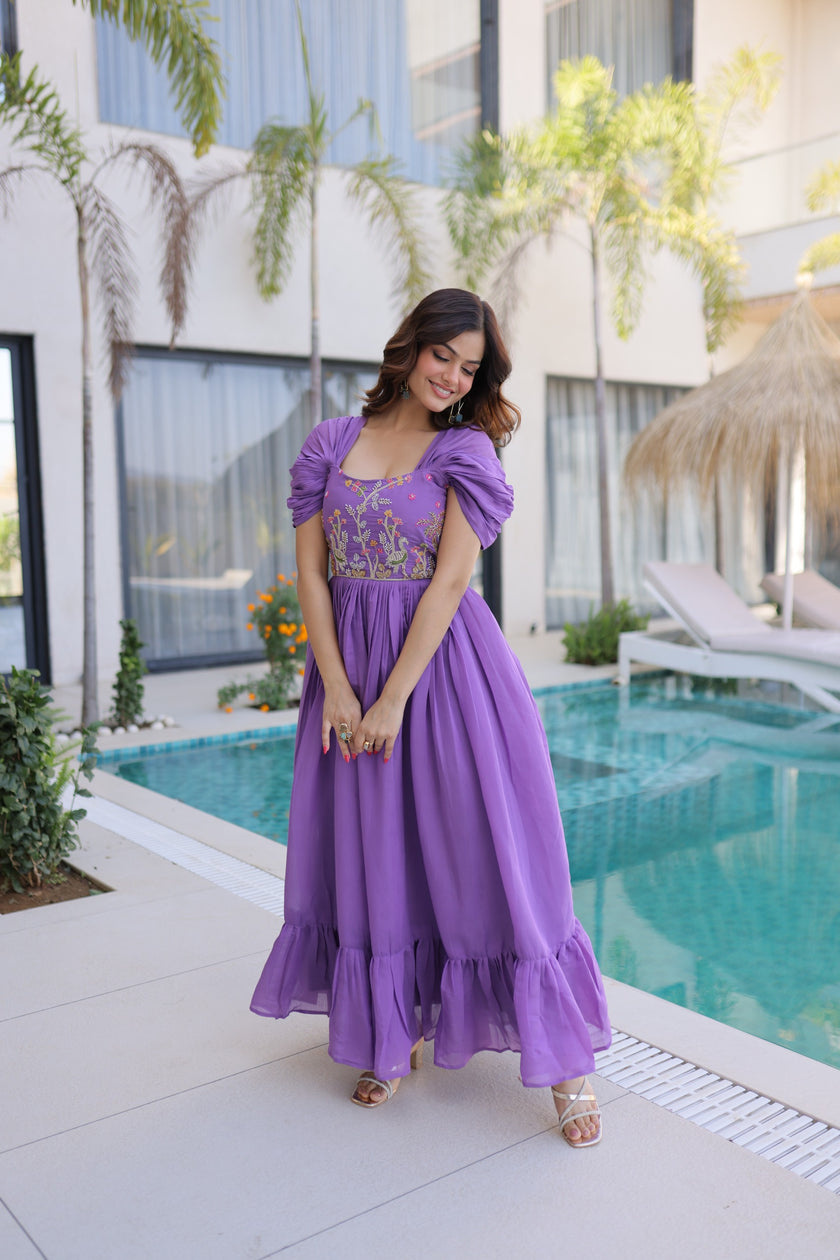 Women’s Designer Party Wear Maxi Dress with Puff Sleeves.