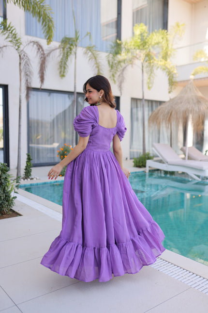 Women’s Designer Party Wear Maxi Dress with Puff Sleeves.