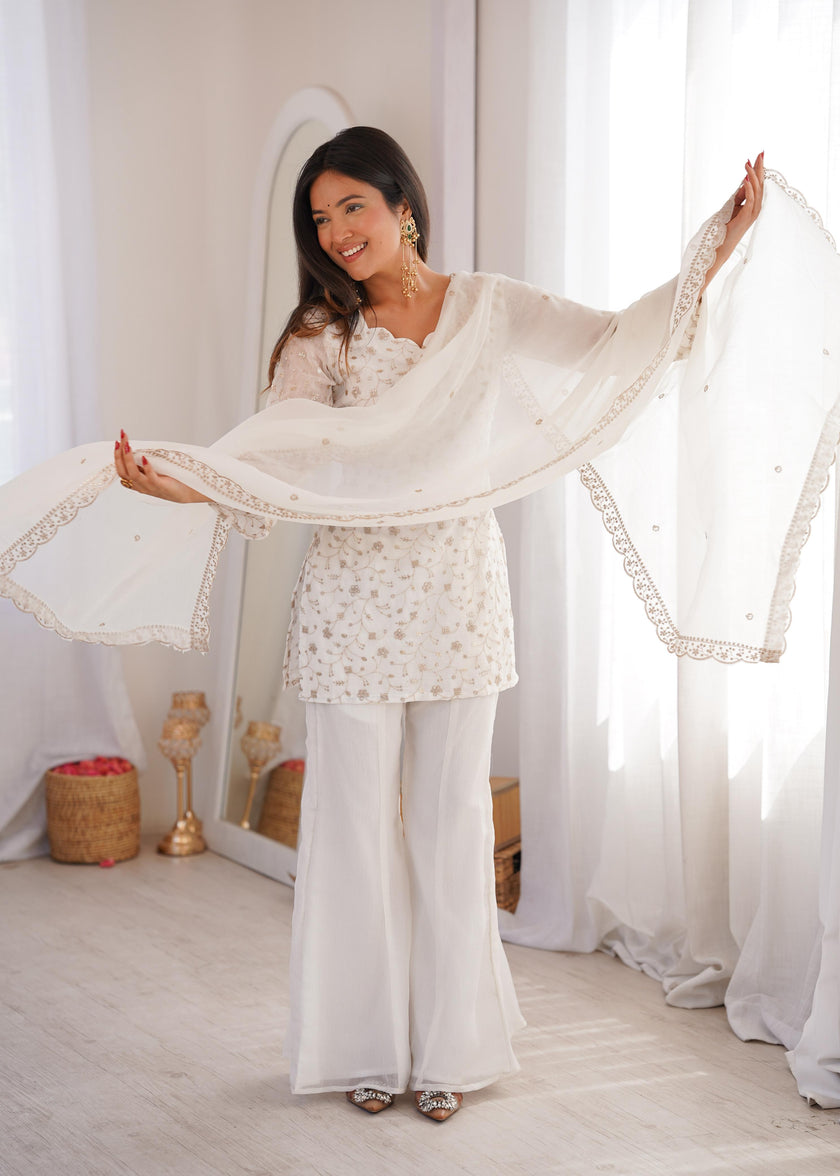 Stylish Party Wear Kurta Palazzo Set with Chiffon Dupatta.