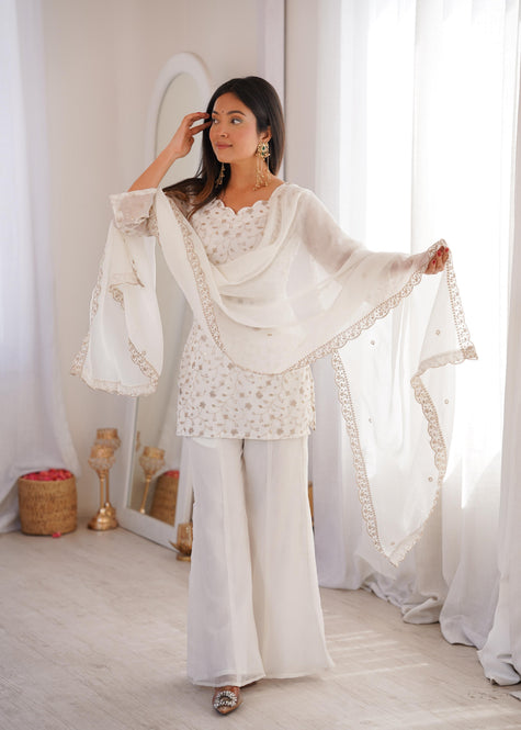 Stylish Party Wear Kurta Palazzo Set with Chiffon Dupatta.