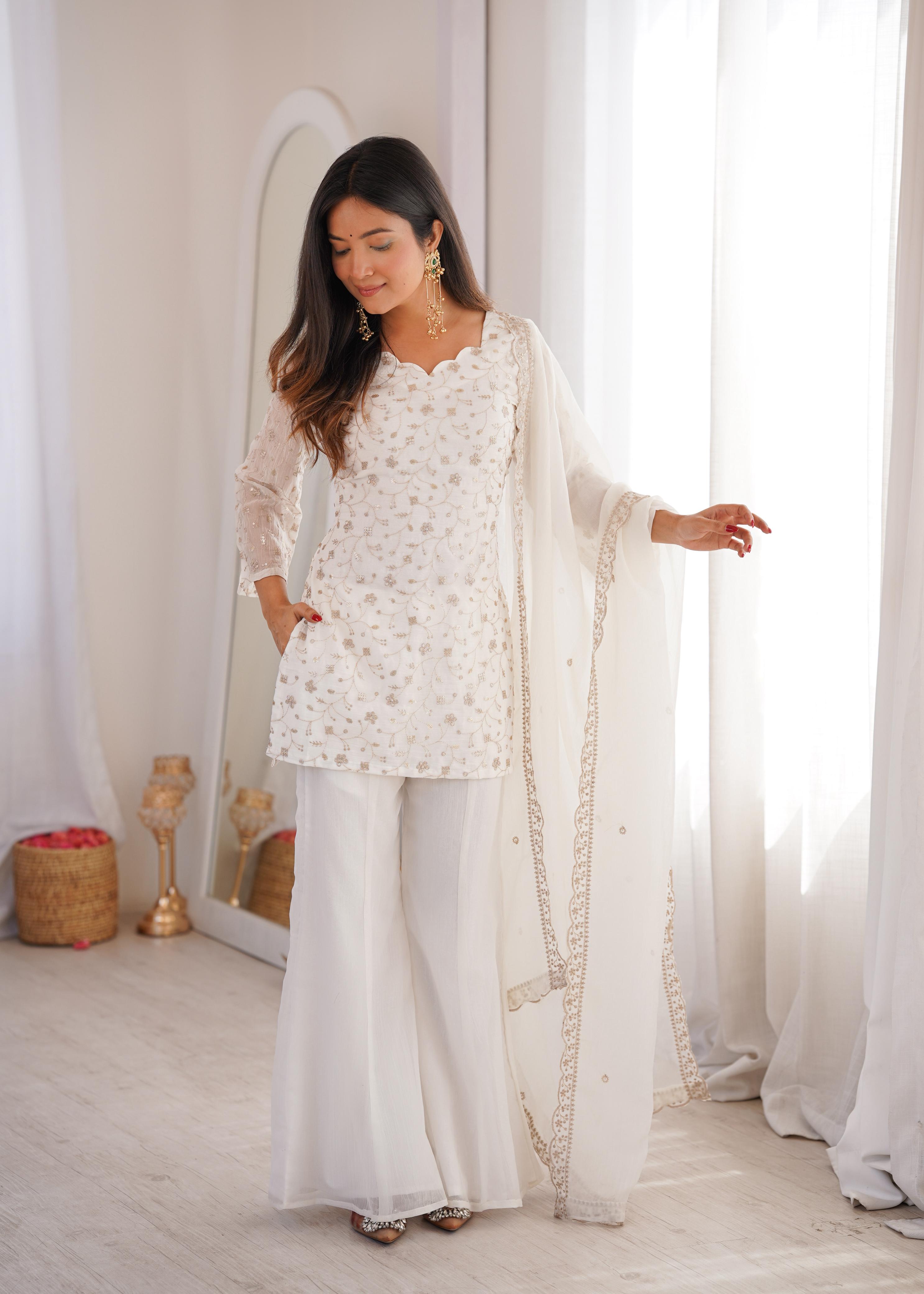 Stylish Party Wear Kurta Palazzo Set with Chiffon Dupatta.