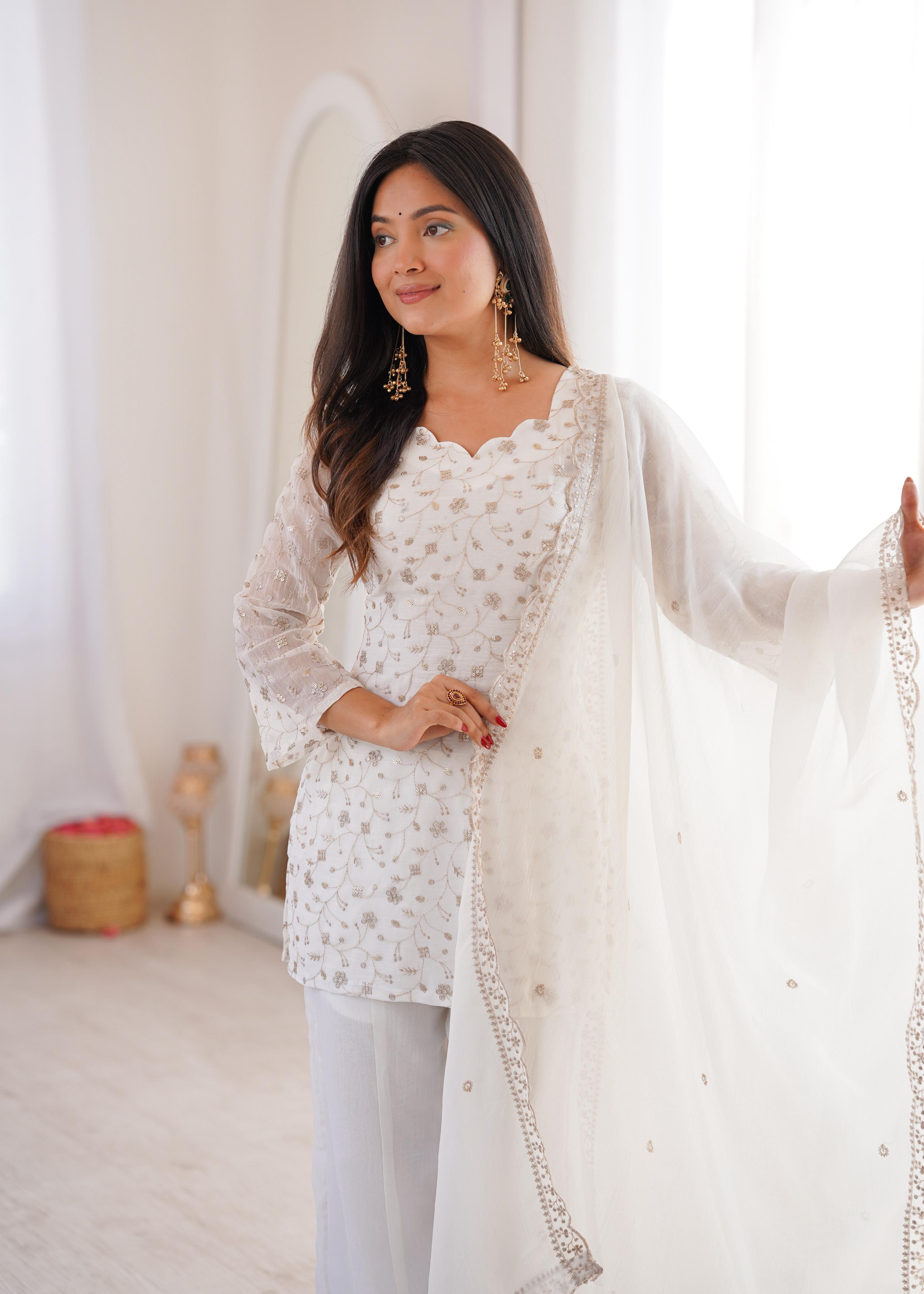 Stylish Party Wear Kurta Palazzo Set with Chiffon Dupatta.
