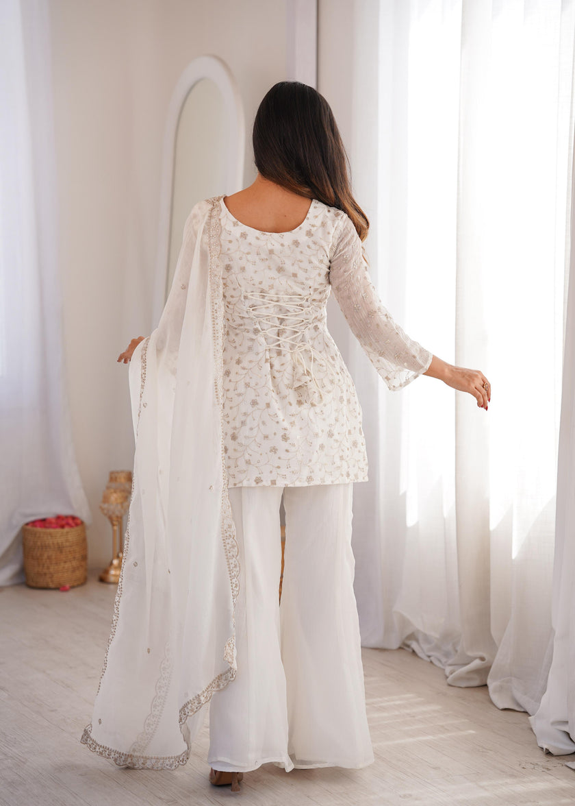 Stylish Party Wear Kurta Palazzo Set with Chiffon Dupatta.