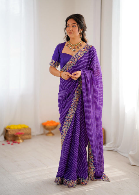 Elegant Purple Leheriya Saree with Rich Embroidered Border.