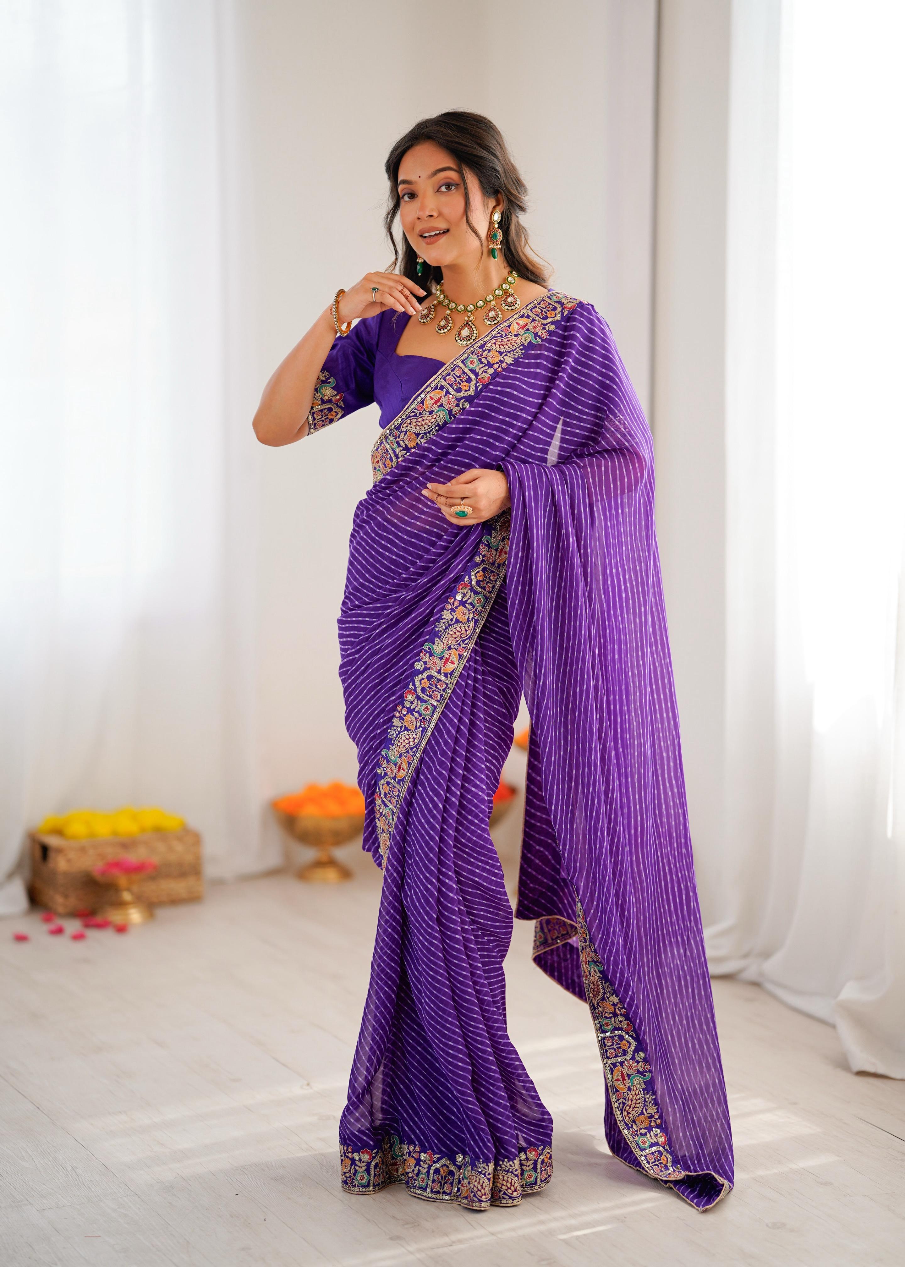 Elegant Purple Leheriya Saree with Rich Embroidered Border.