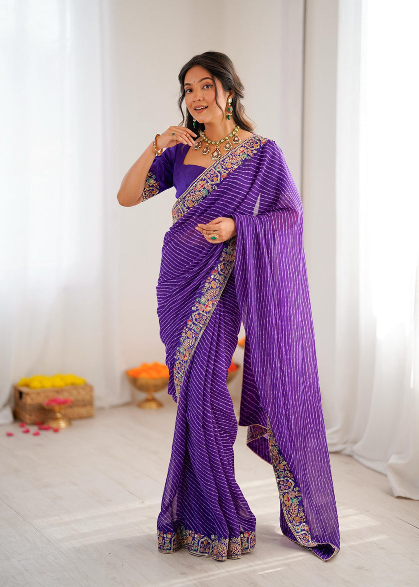 Elegant Purple Leheriya Saree with Rich Embroidered Border.