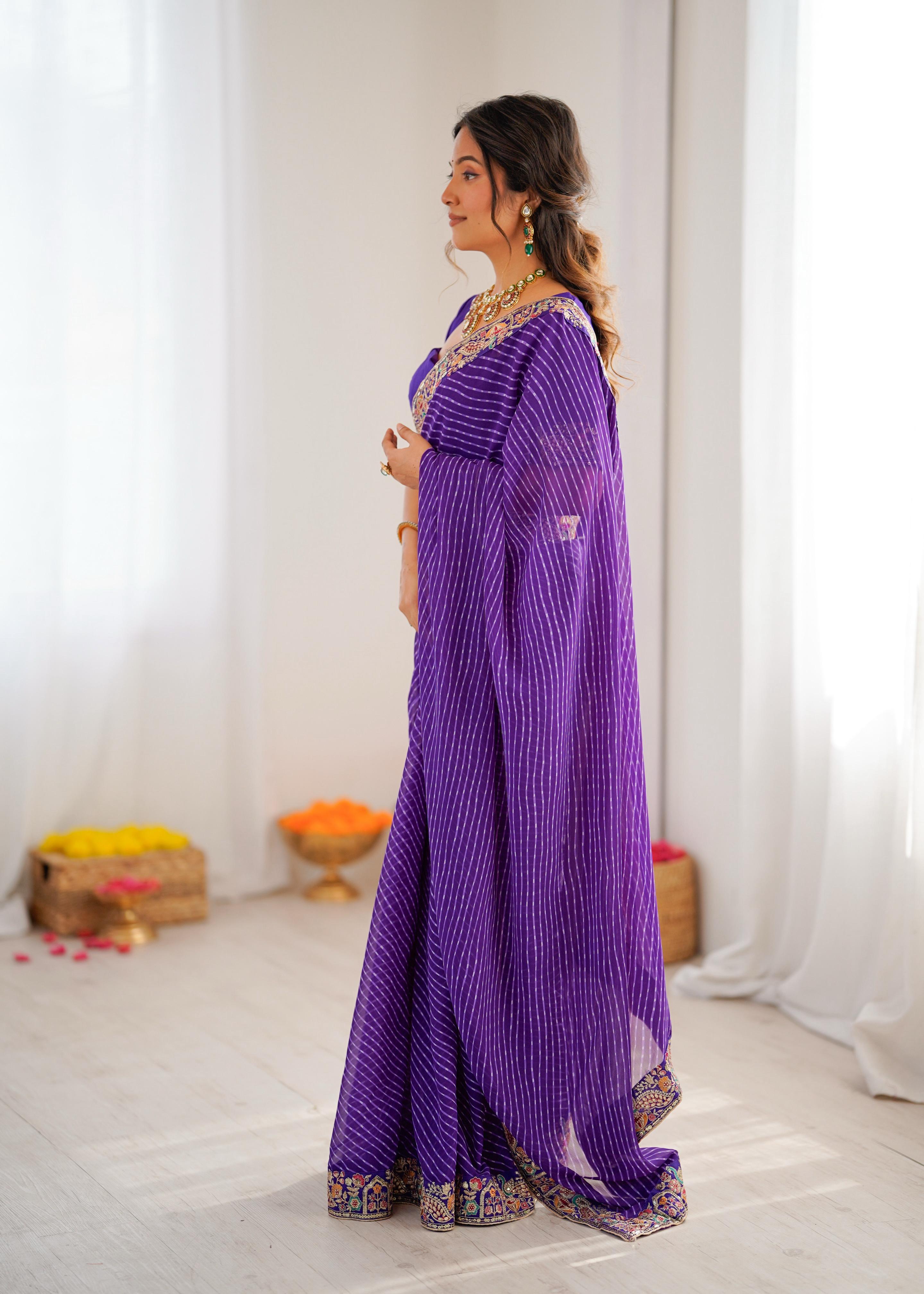 Elegant Purple Leheriya Saree with Rich Embroidered Border.