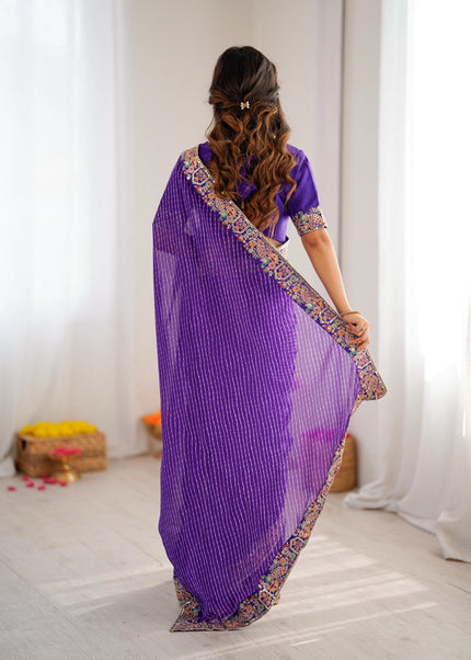 Elegant Purple Leheriya Saree with Rich Embroidered Border.