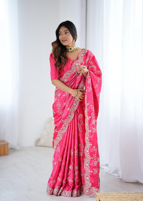 Rani Pink Embroidered Silk Saree with Elegant Zari Work.