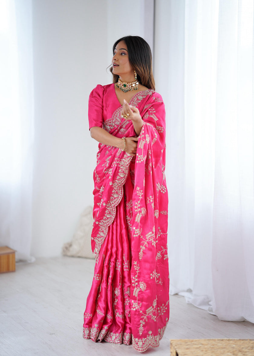 Rani Pink Embroidered Silk Saree with Elegant Zari Work.
