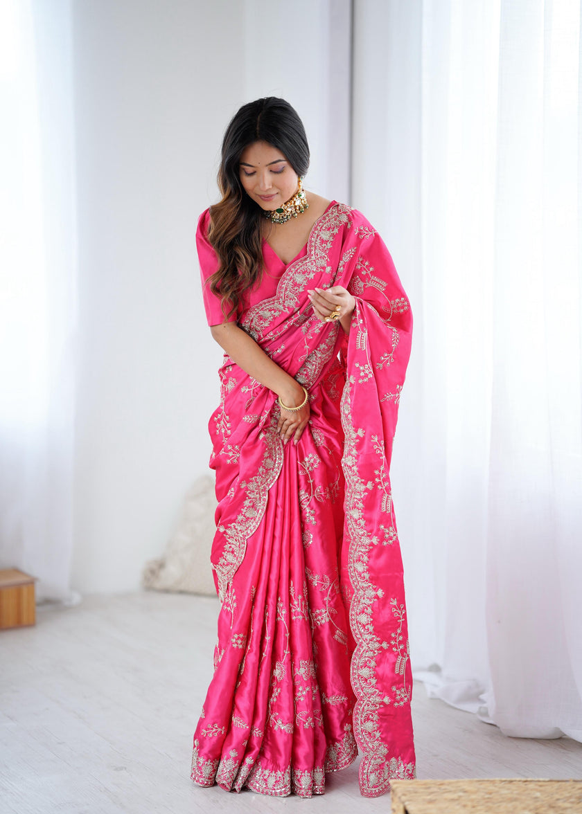 Rani Pink Embroidered Silk Saree with Elegant Zari Work.