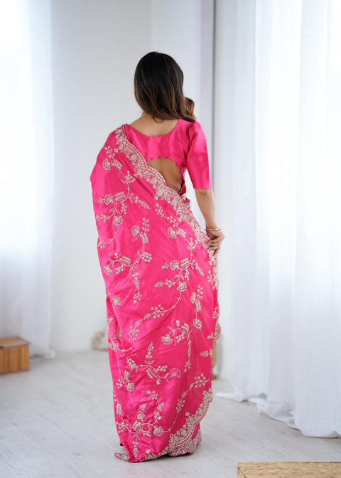 Rani Pink Embroidered Silk Saree with Elegant Zari Work.