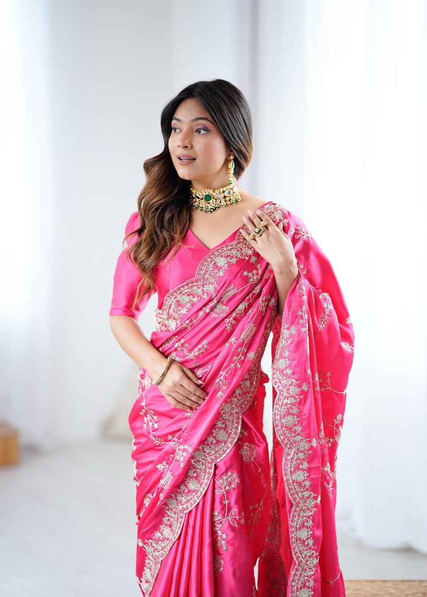 Rani Pink Embroidered Silk Saree with Elegant Zari Work.