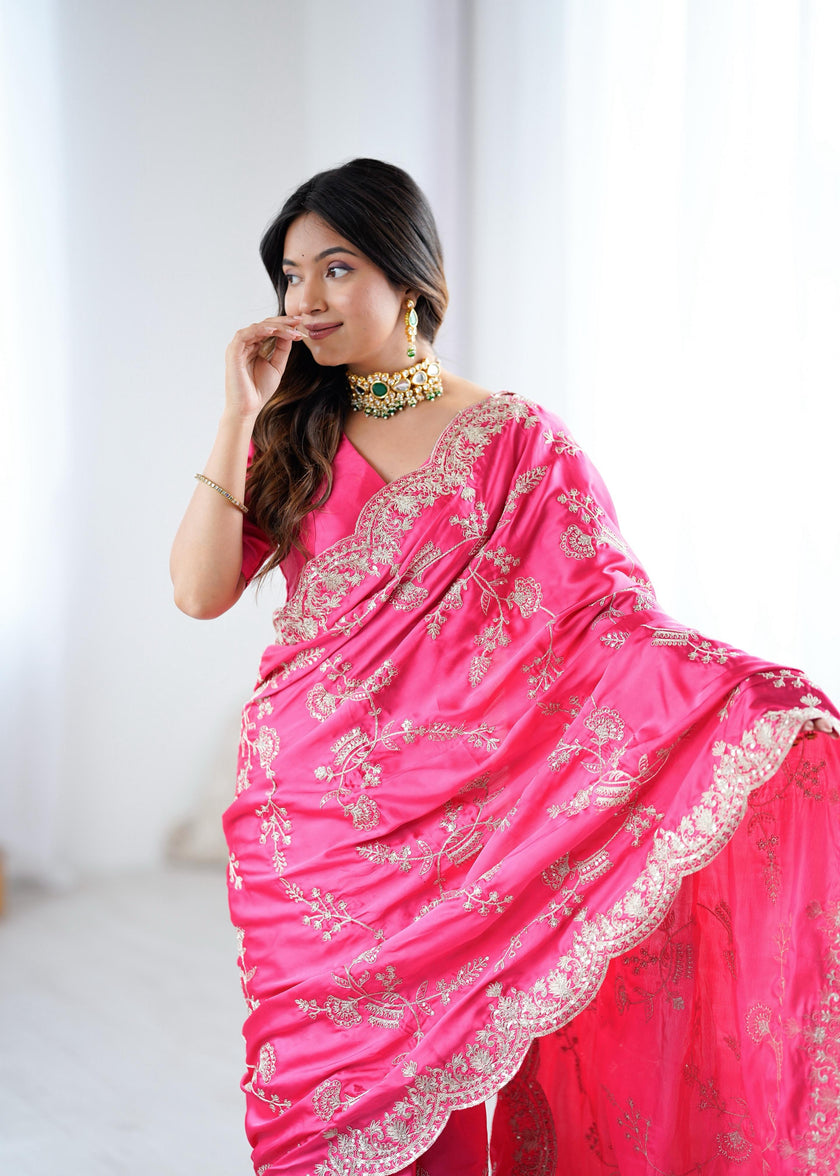 Rani Pink Embroidered Silk Saree with Elegant Zari Work.