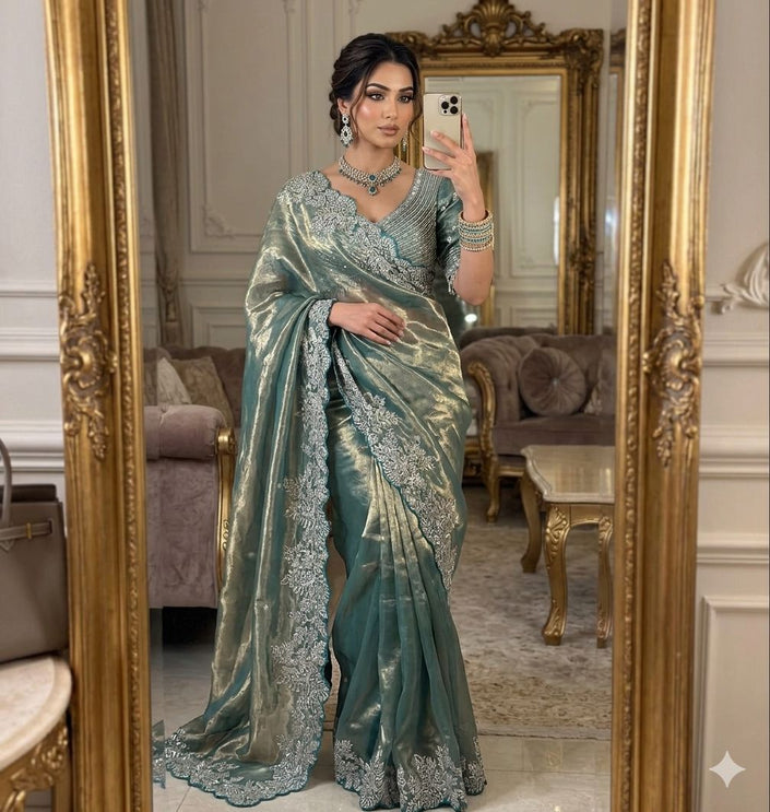 Royal Tissue Silk Saree With Heavy Embroidery.