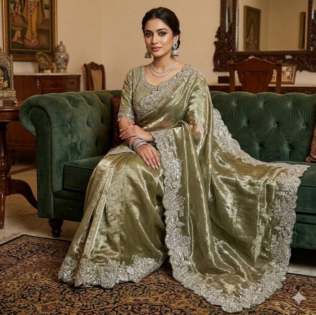Royal Tissue Silk Saree With Heavy Embroidery.