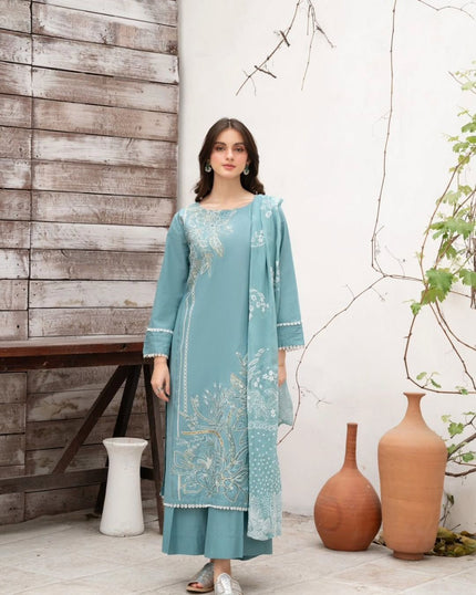 Graceful Sky Blue Floral Embroidered Palazzo Suit Set.