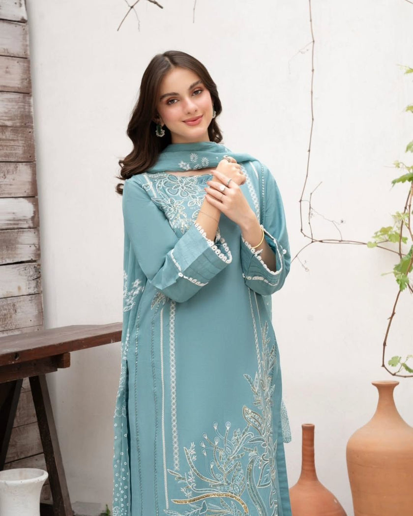 Graceful Sky Blue Floral Embroidered Palazzo Suit Set.