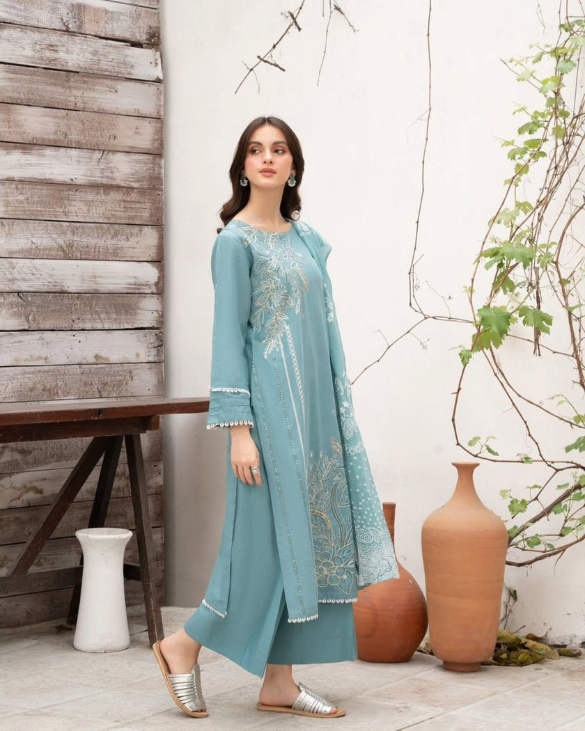 Graceful Sky Blue Floral Embroidered Palazzo Suit Set.