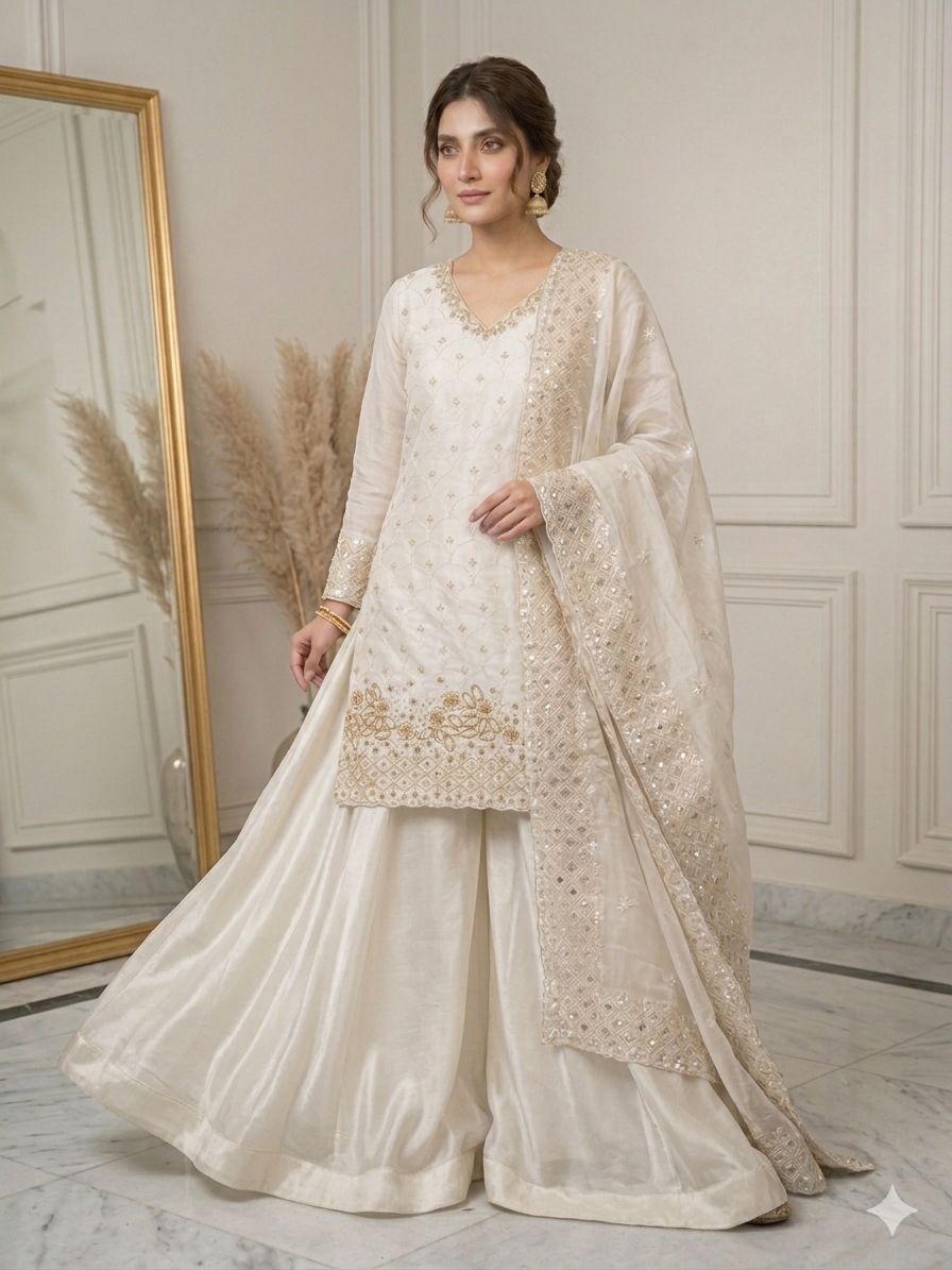 Designer White Palazzo Sharara Collection Perfect for Wedding, Festive & Partywear Occasions.