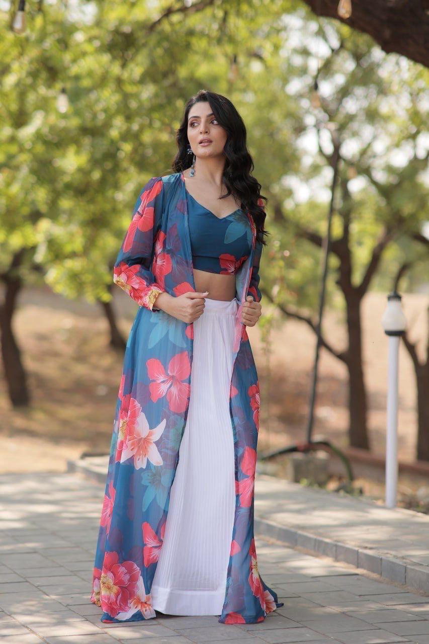 Designer Crop Top with Pleated Skirt & Shrug.