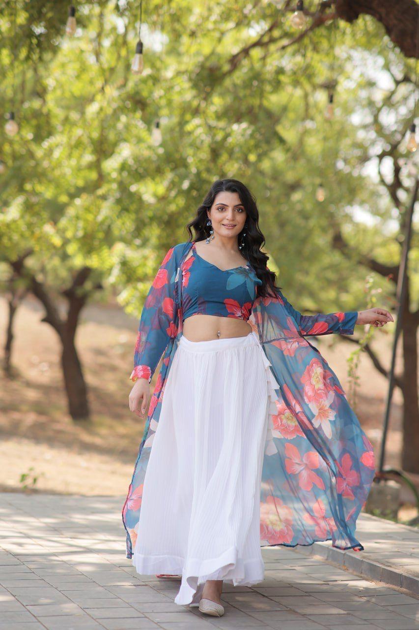 Designer Crop Top with Pleated Skirt & Shrug.