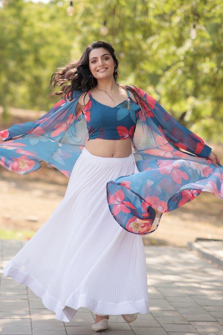 Designer Crop Top with Pleated Skirt & Shrug.