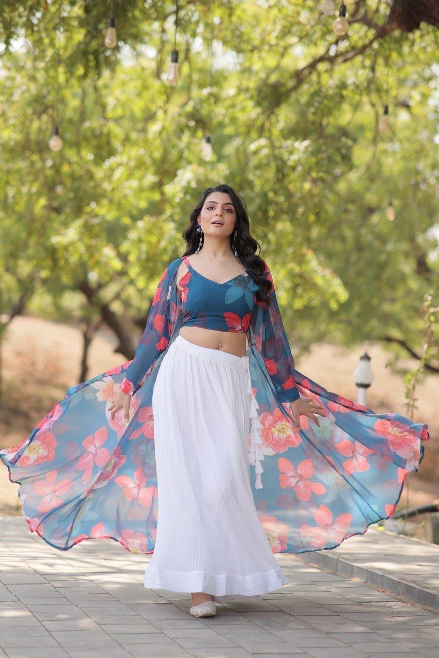 Designer Crop Top with Pleated Skirt & Shrug.