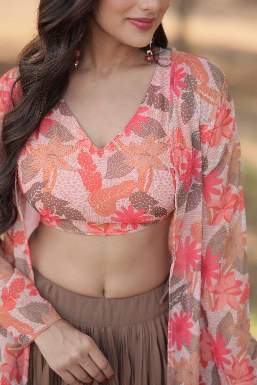 Designer Crop Top with Pleated Skirt & Shrug.