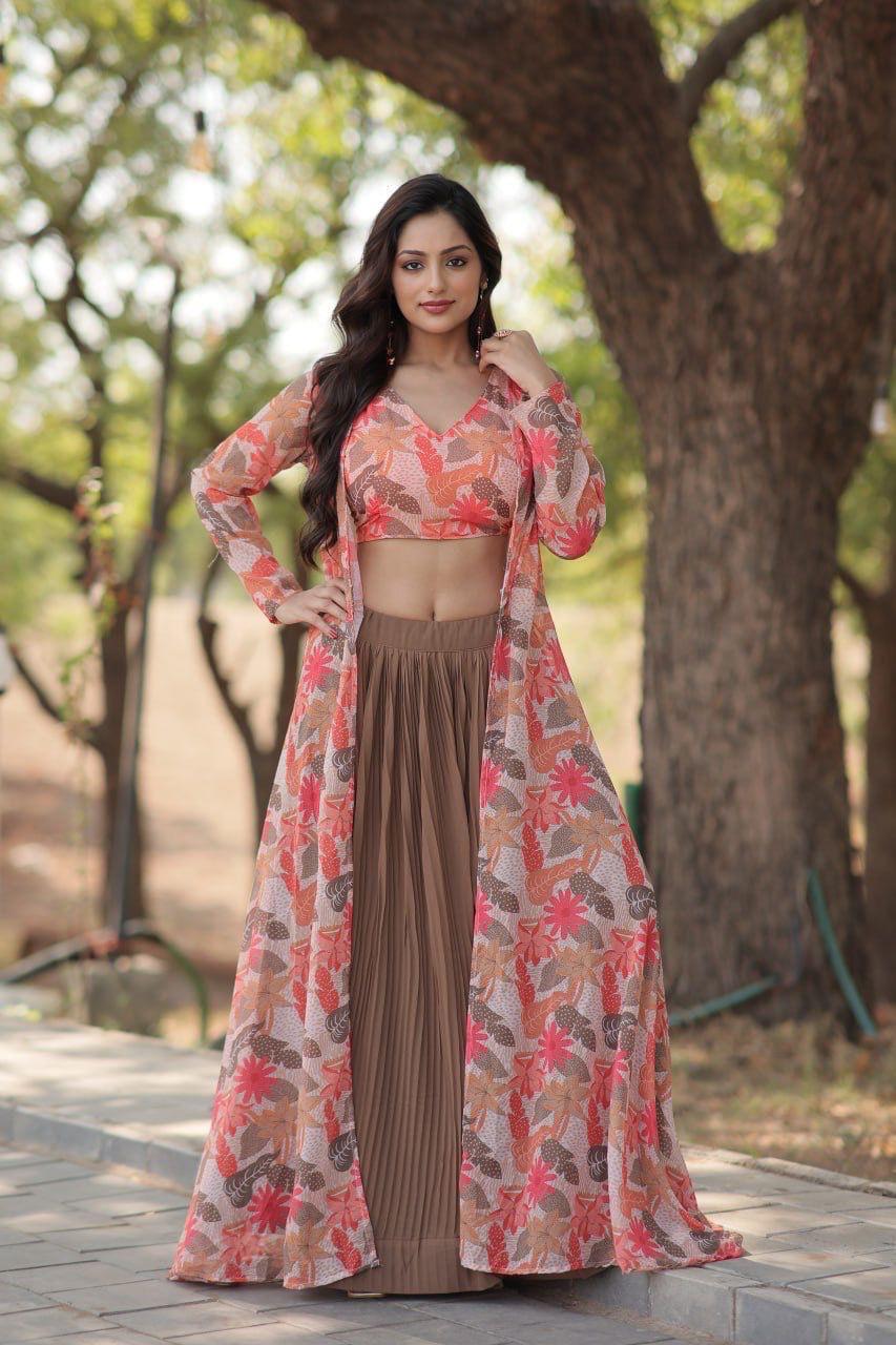 Designer Crop Top with Pleated Skirt & Shrug.